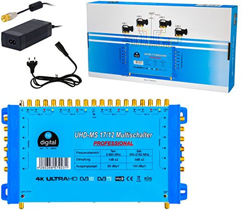 hb-digital 17/12 Multischalter mit externem Netzteil für 12 Teilnehmer und 4 Satellit – nur für Quattro LNB geeignet UHD 4K Full HD DVB-S/S2 – terrestrischer Eingang – vergoldete F-Anschlüsse