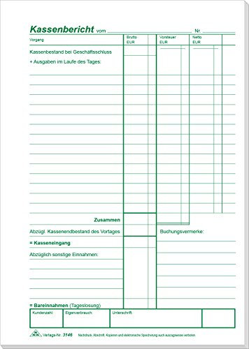 RNKVERLAG 3146 - Kassenbericht mit Vorsteuererfassung, Block mit 50 Blatt, DIN A5