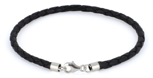 Auroris Echtleder-Armband geflochten 3mm mit 925 Sterling-Silber Karabinerverschluss - Länge: 17cm / Farbe: schwarz