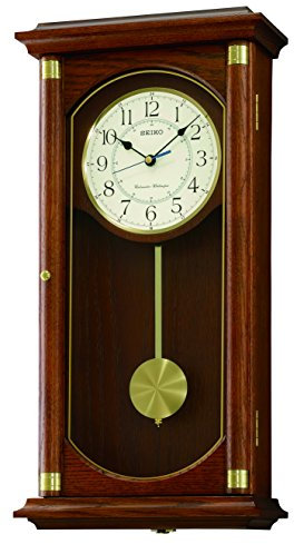 Seiko QXH039B Oak Wooden Quartz Battery Wall Clock with Pendulum and Westminster Chime, Volume Control
