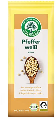 Lebensbaum Pfeffer Weiß, weißer Bio-Pfeffer für cremige Sossen, Helles Fleisch, Fisch & Pilzgerichte, aromatisch mild & vielseitig, ganz, 50 g