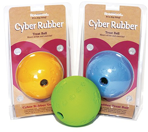 Rosewood Cyber Rubber Treat Ball for Dogs – Tough, Interactive Dog Toy for Chewing, Treat Time, and Play – Non-Toxic Rubber - Suitable for Medium to Large Breeds - Assorted Colours (1pc, Large)