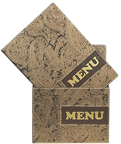 Securit Design Range Menükartenbox mit 10 Karten im A4-Format mit je einem doppelseitigem Einleger, Paisleymuster | Kunstleder Paisley-Muster - Erweiterbar bis 40 Seiten - Farbe Braun