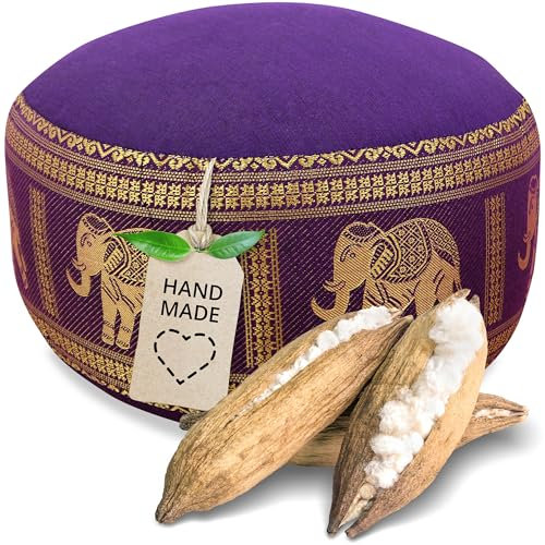 Livasia Meditationskissen Thaiseide - Ø 32x20cm - Yogakissen klein mit Kapok, Pouf, Bodenkissen Yoga Zen Meditation, Sitzkissen Garten Balkon, Zafukissen handgefertigt (Lila/Elefanten Seide)
