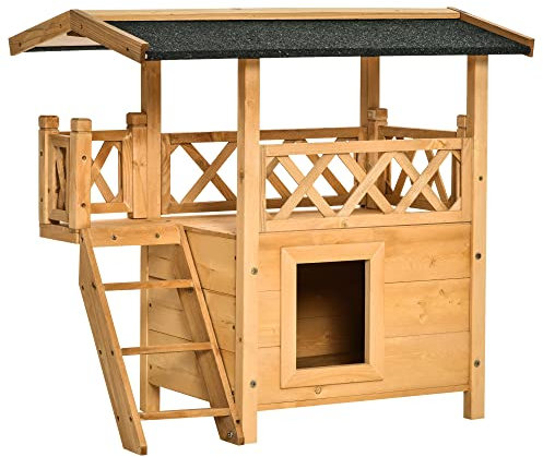 PawHut Wooden Cat House Outdoor Luxury Wood Room Weatherproof Shelter Dog Puppy Garden Large Kennel Crate Natural Wood