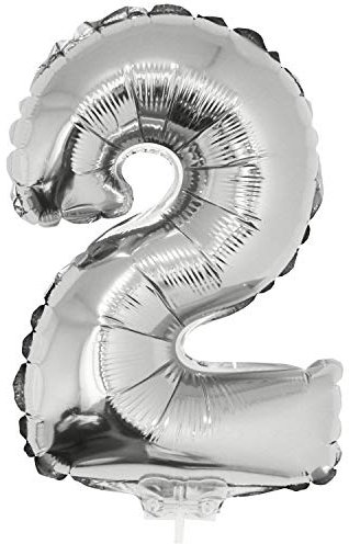 Folienballon Zahl 2 am Stab 41 cm, silber, Helium geeignet