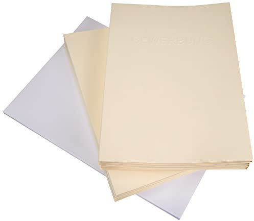 10 Stück 3-teilige Bewerbungsmappen Creme-Beige in feinster Lederstruktur - inkl. 10 Versandumschläge in Weiß - mit 2 Klemmschienen und hochwertiger Prägung ''BEWERBUNG'' - direkt vom Hersteller STRATAG