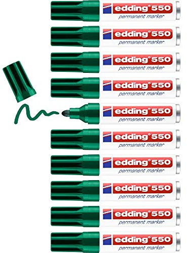 edding 550 permanent marker - green - 10 pens - round tip 3-4 mm - waterproof, quick-drying, smear-proof pens - for cardboard, plastic, wood, metal, glass and fabric