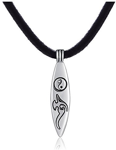DonDon Herren Halskette Kautschuk 50 cm und Anhänger Yin Yang Surfboard aus Edelstahl verpackt in einem schwarzen Samtbeutel