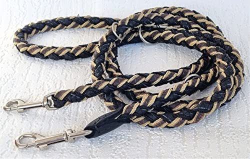HUNDELEINE Runde geflochten, 200cm/16mm, Handarbeit 3xverstellbar Echt Leder+Neu BRAUN auf beige mit Schwarz