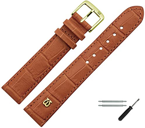 MARBURGER Uhrenarmband 14mm Leder Braun Gold Alligator Prägung Mit Naht - Montage Set 5281435000220