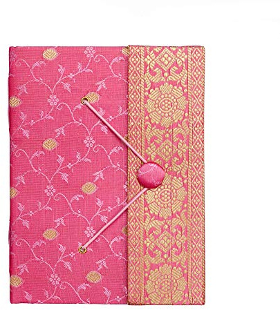 Sari Journal Large 14cm x 18.5cm - Pink - Unlined Recycled Paper - Elastic Closure - Notebook and Diary - Indian Stationery Gift - For Men Women Students - Sari Fabric