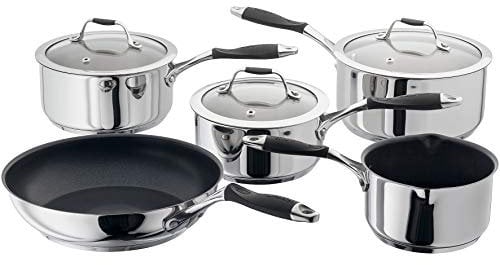 Stellar James Martin Set of 5 Stainless Steel Pans, 20cm, 18cm, 16cm Saucepans with Lids, 14cm Milk Pan, 24cm Non-Stick Frying Pan, Induction Ready, Oven Safe, Dishwasher Safe