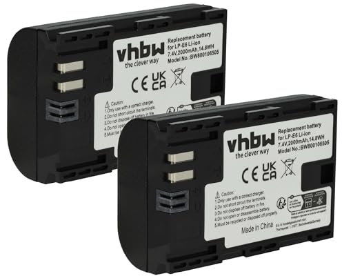 vhbw 2X Akku kompatibel mit Canon EOS 80D, R5, R6, 7D Mark II, 70D, 90D, R, 6D Mark II, R5 C, 7D Kamera (2000 mAh, 7,2 V, Li-Ion), Infochip