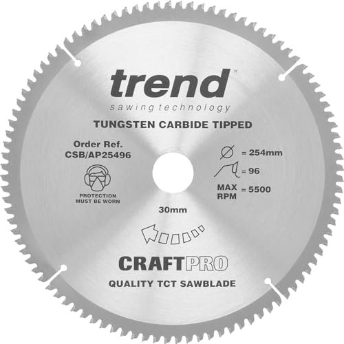 Trend Aluminium & Plastic Circular Saw Blade, 254mm Diameter, 30mm Bore, 96 Teeth, 3mm Kerf, -6° Hook, TCT, Extra-Fine Finish, CSB/AP25496