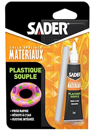 Sader Colle Plastique Souple – Colle pour PVC Souple et Caoutchouc – Idéale pour Bouées, Ballons, Matelas et Bateaux Pneumatiques – Rustine Intégrée – Résiste à l'Eau – Tube 12 ml