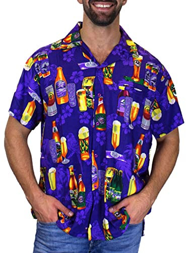 V.H.O. Men's Beerbottle-Shirt Short-Sleeve Casual-Button-Down Hawaii-Vacation, Beerbottle, Purple, M