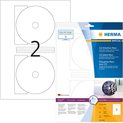 HERMA 8885 CD DVD Etiketten inkl. Zentrierhilfe für Inkjet Drucker, 10 Blatt, Ø 116 mm MAXI, 2 pro A4 Bogen, 20 Stück, selbstklebend, bedruckbar, glänzend, blanko Papier Klebeetiketten Aufkleber, weiß