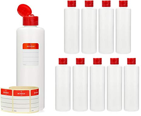 Octopus 10 x 250 ml Kunststoffflaschen, HDPE Plastikflaschen mit rotem Klappverschluss, Leerflaschen mit rotem Scharnierverschluss, Rundflaschen inkl. 10 Beschriftungsetiketten