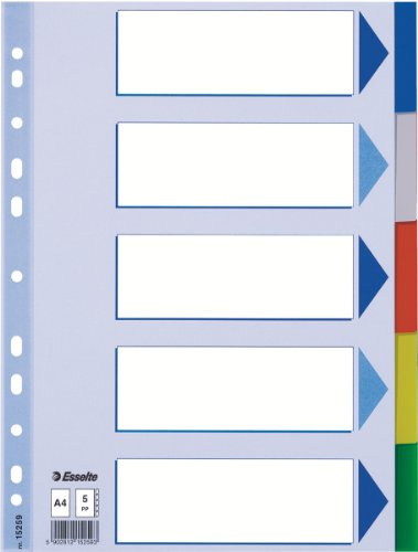Esselte A4 1-5 Index, Heavy Duty Plastic, Blue/Multicolour, Pack of 20