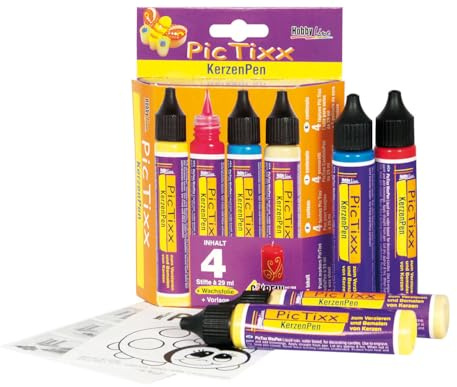 KREUL 49790 - PicTixx KerzenPen Set, 4 Farben mit 29 ml, Wachsfolie und VorlageFarbe auf Basis von Flüssigwachs, zum Beschriften, Verzieren und Bemalen von Kerzen, mit feiner Malspitze