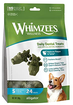 WHIMZEES by Wellness Krokodil, natürliche, getreidefreie Zahnpflegesnacks, Kaustangen für kleine Hunde, 24 Stück, Größe S