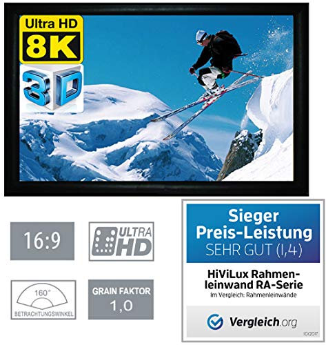 HiViLux® Rahmenleinwand 6cm Rahmenstärke Tuch: HiViWhite Cinema 1,0/8K/4K/3D/auch für UST (16:9 135Zoll Bild:300x168cm)