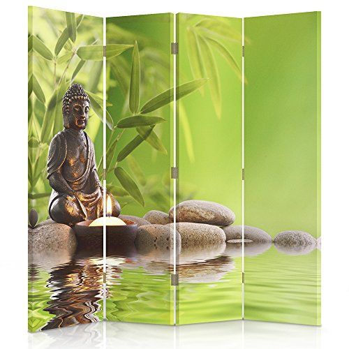 Raumteiler Gedruckten auf Canvas Leinwand Wandschirme dekorative Trennwand Paravent beidseitig 4 teilig (145x150 cm) Buddha Meditation Zen Bambus Kiesel ZUSAMMENSETZUNG SPA GRÜN BRAUN