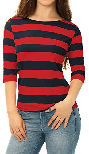 Allegra K Women's Elbow Sleeves Top Casual Boat Neck Slim Fit Stripe T-Shirt Red Blue 8