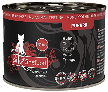 catz finefood Purrrr Huhn Monoprotein Katzenfutter nass N° 103, für ernährungssensible Katzen, 70% Fleischanteil, 6 x 200g Dose