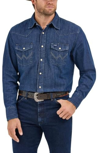 Wrangler Men's Authentic Cowboy Cut Work Western Long-Sleeve Firm Finish Shirt, Indigo Denim, 20/35