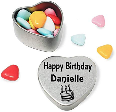 Happy Birthday Danielle Mini Silver Heart Shaped Tin Gift filled with chocolates Great Birthday present for Danielle Show somebody you are thinking of them