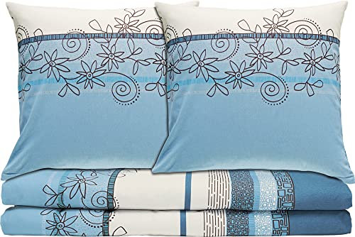 Erwin Müller Bettwäsche, Bettgarnitur Fein-Biber Blumen 4-TLG Sparpaket hellblau Größe 80x80 cm / 155x200 cm - hautsymphatisch, bügelleicht, mit Marken-Reißverschluss