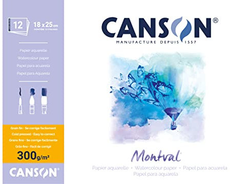 CANSON Montval - Bloc 12 feuilles papier aquarelle grain fin - 18 x 25 cm - 300g/m² - Blanc
