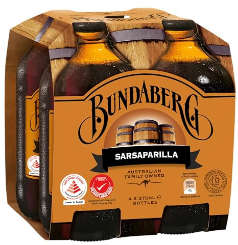 Bundaberg 4 Pack Handcrafted Australian Root Beer, Sparkling Non-Alcoholic Drink Crafted using Traditional Brewing Techniques for an Authentic Taste - 4 x 375ml Bottles