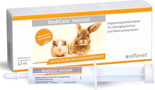 Alfavet RodiCare Hairball - alimento complementario para Conejos Enanos y cobayas - Ayuda a Eliminar Las Bolas de Pelo - 3 inyectores de 12 ml