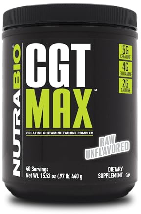 NutraBio CGT-MAX Powder- Creatine, Glutamine and Taurine to Support Muscle Recovery and Strength - 40 Servings - Unflavored