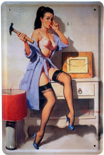 WOGEKA ART Retro Blechschild Sexy Pin Up Girl mit Hammer witziger Spruch als Geschenk-Idee zum Geburtstag Weihnachten zur Dekoration 20x30 cm Vintage-Design aus Metall 249