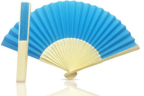 Vruti's Blue Paper Foldable Hand Held Bamboo and Wooden Fan