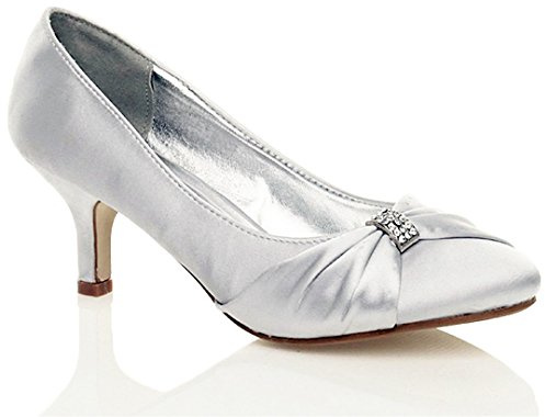 Womens Satin Heels Ladies Wedding Bridal Bridesmaid Stiletto Low Mid Kitten Heel Diamante Buckle Evening Party Prom Slip On Close Toe Smart Formal Classic Shoes