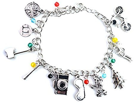 Beaux Bijoux Silver Tone Stranger Things Charm Bracelet with Eleven, Christmas Tree, Axe, Upside Down Symbols - Stranger Things Jewellery in Gift Box