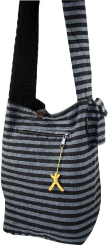 GURU SHOP Sadhu Bag Gestreift, Goa Tasche, Schulterbeutel - Grau/schwarz, Unisex - Erwachsene, Baumwolle, 35x35x25 cm