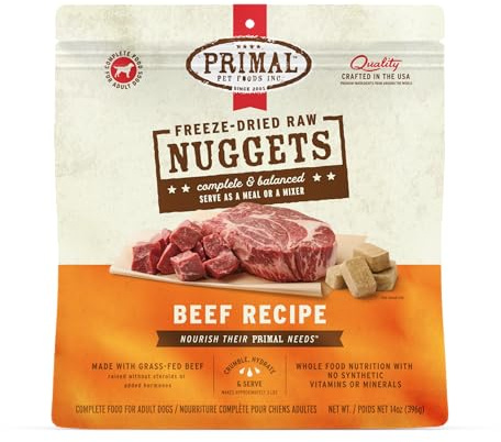 Primal Freeze Dried Raw Dog Food Nuggets, Beef, Complete & Balanced Meal, Also Use as Topper or Treat, Premium, Healthy, Grain Free, High Protein Raw Dog Food, 14 oz