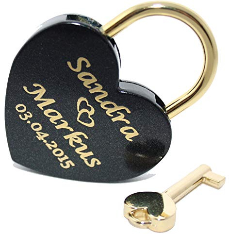 Liebesschloss Herz in Schwarz -gold mit Gravur Groß 60x45 mm Vorhängeschloss