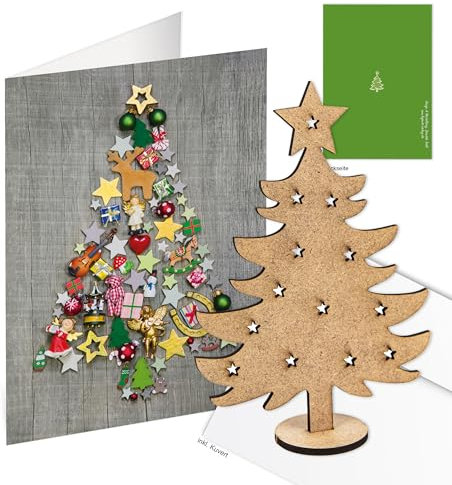 Logbuch-Verlag 10 Weihnachtskarten DIN A6 grau bunt mit Kuverts + Weihnachtsbaum aus Holz - Weihnachtspost Geschäftskunden