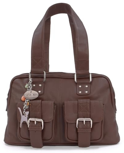 Catwalk Collection Handbags Genuine Leather Top Handle Bag Caroline | Women's Medium Handbag, Multiple Pockets and Compartments, Double Zip Closure, Flat Double Handles, Silver Metal Fittings