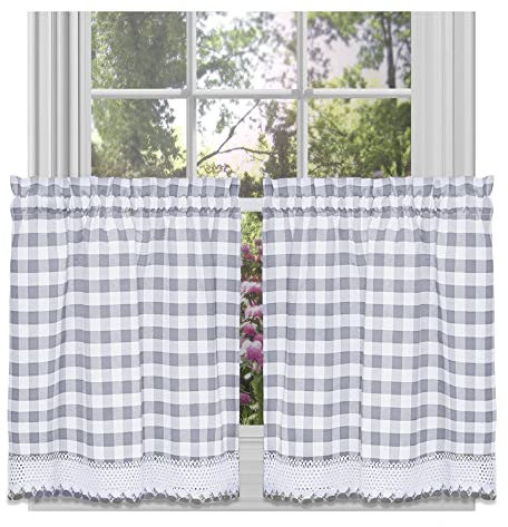 Achim Home Decor Fenstervorhang-Set, kariert, 147 cm Breite, 61 cm Länge, Grau und Weiß Karierte Vorhänge, lichtfilterende Vorhänge für Küche, Schlafzimmer, Wohnzimmer und Esszimmer