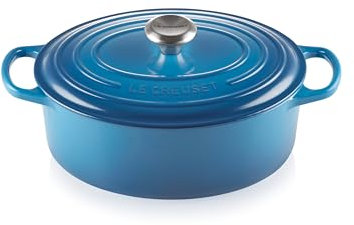 Le Creuset, Cocotte Signature en Fonte Émaillée avec Couvercle, Ø 29 cm, Ovale, Compatible avec Toutes Sources de Chaleur (Induction Incluse), Capacité : 4.7 L, 4.675 kg, Bleu Marseille
