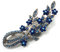 Broche florale romantique - Cristal autrichien bleu - Métal argenté - 75 mm