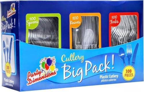 Party Dimensions 300 Count Plastic Cutlery Combo Box, Disposable Clear Plastic Silverware Utensils Set, 100 Forks, 100 Spoons, 100 Knives